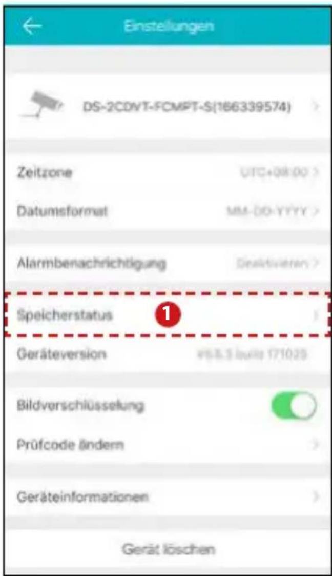 Einstellungen DS-2CDVT-FCMPT-S(166339574) Zeitzone UTC+08:00 > Datumsformat MM-DO-YYYY > Alarmbenachrichtigung Desaktivieren > Speicherstatus Geräteversion PSB.S Juerte 171028 Bildverschlüsselung Prüfcode ändern Geräteinformationen Gerät löschen