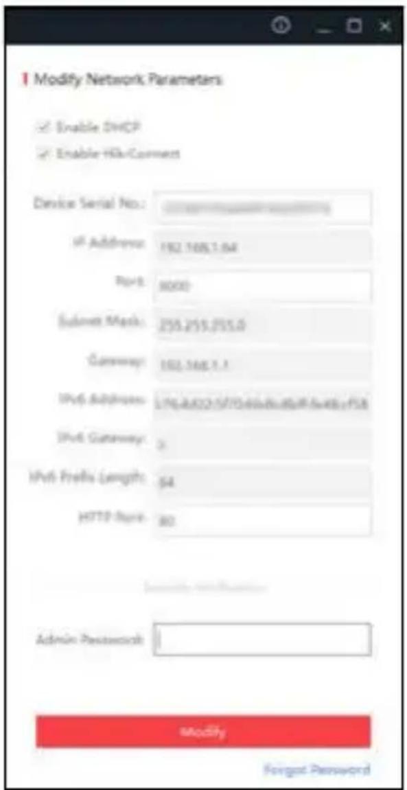 Modify Network Parameters Enable DHCP Enable HBe/Connect Device Serial No. : IP Address: 192.16857.04 IPv6: 9000 Submit Maps: 255.255.255.0 Gateway: 192.168.1.1 IPv6 Address: LTR6A8002/SFTD44044008/F4404F58 IPv6 Gateway: 0 IPv6 Prefix Length: 54 HTTP Style: 90 Admin Password: Modify Forgot Password