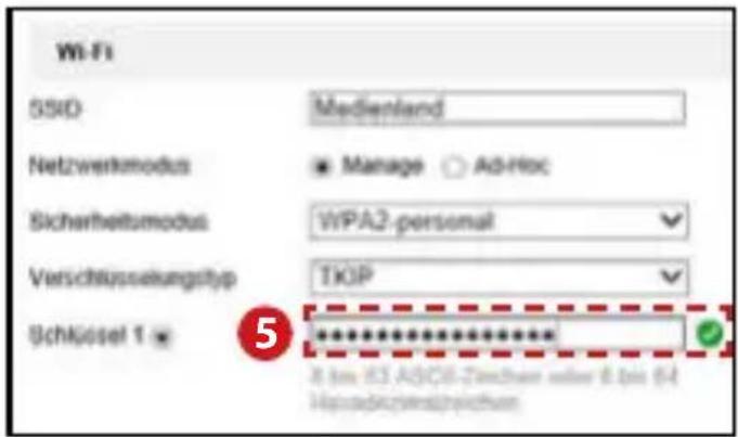 Wi-Fi SSD Medienland Netzwerkmodus Manage Ad-Hoc Sicherheitsmodus WPA2-personal Verschüsselungstyp TKOP Schüssel 1 ********** 8 bis 83 ASCII-Zinchen oder 8 bis 64 Hypodrigensbereichen
