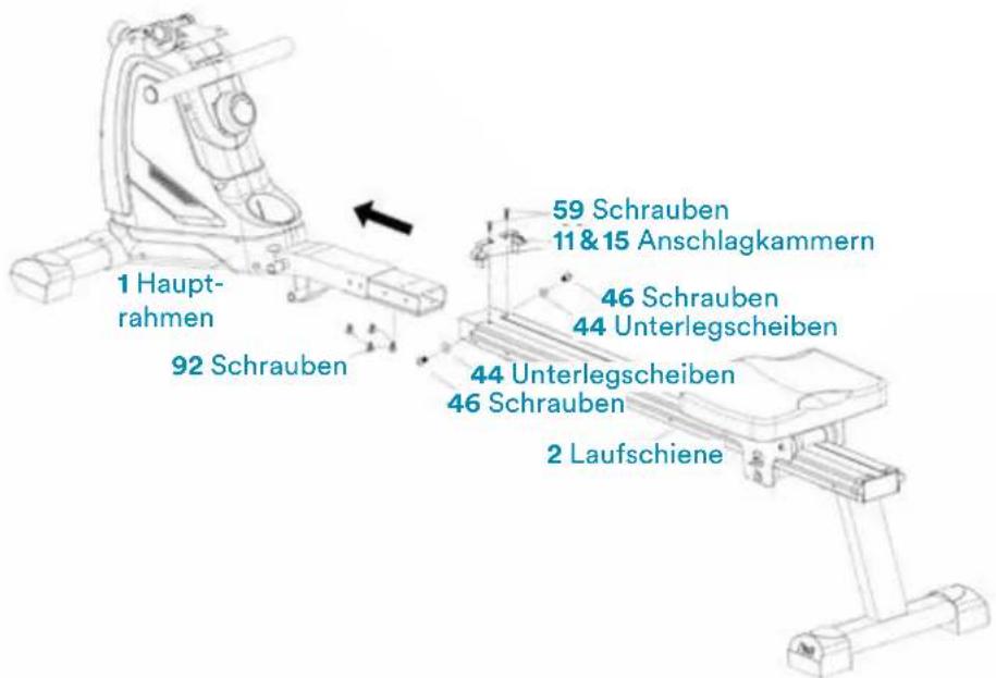 1 Haupt- rahmen 92 Schrauben 59 Schrauben 11 & 15 Anschlagkammern 46 Schrauben 44 Unterlegscheiben 44 Unterlegscheiben 46 Schrauben 2 Laufschiene