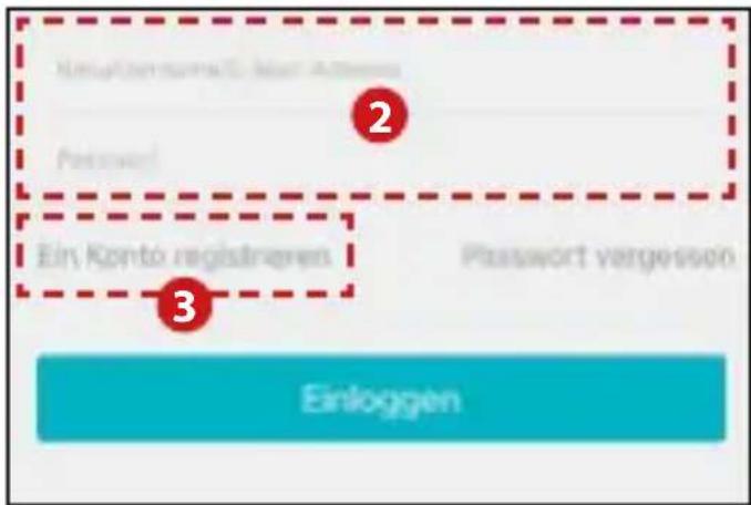 Ninglcomma@-mir.athena Password 2 Ein Konto registranen Password vergessen 3 Einlogggen