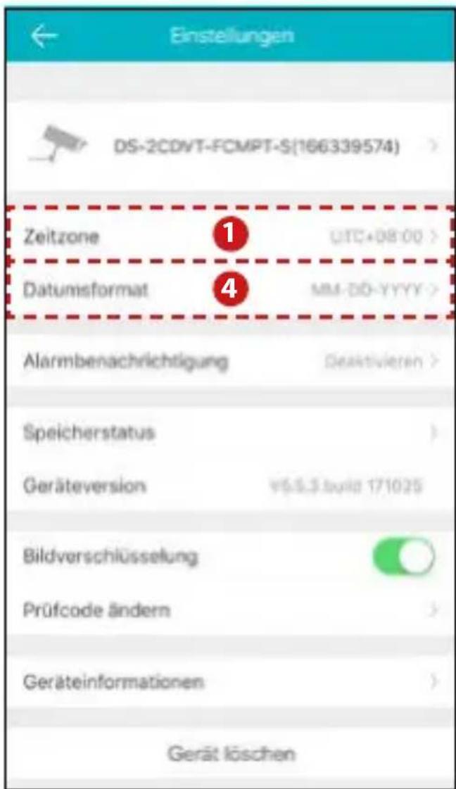 Einstellungen DS-2CDVT-FCMPT-S(166339574) Zeitzone ① UTC+08:00 Datumsformat ④ MM-DD-YYYY Alarmbenachrichtigung Geaktivieren > Speicherstatus ) Geräteversion V$5.3 build 171025 Bildverschlüsselung Prüfcode ändern > Geräteinformationen > Gerät löschen