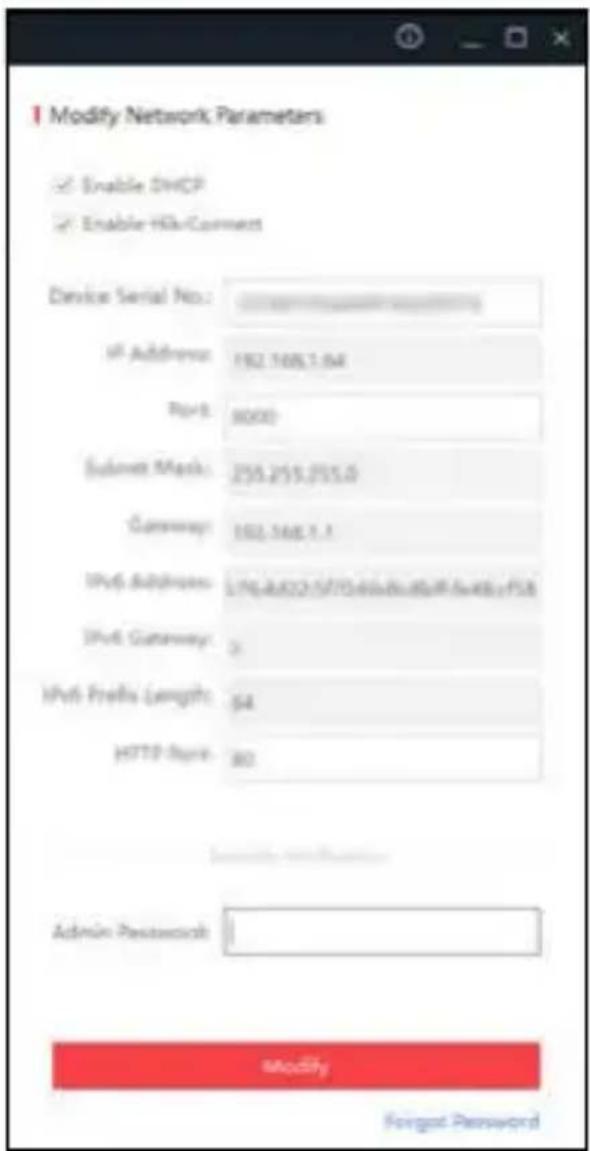 Modify Network Parameters Enable DHCP Enable HBe/Connect Device Serial No.: IP Address: 192.168.7.04 IPv6: 90000 Submit Mask: 255.255.255.0 Gateway: 192.168.7.1 IPv6 Address: L76.4802.5770.4802.4803.4804.4805.4806 IPv6 Gateway: 0 IPv6 Prefix Length: 54 HTTP Style: 90 Admin Password: Modify Forgot Password