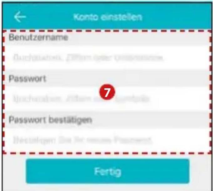 Konto einstellen Benutzername Duchstammelt, Pflam oder Umsatznahme Password 7 Password bestätigen Bestätigem Sie je neue Passwert Fertig