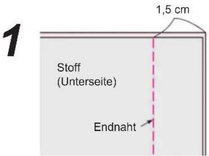 1 Stoff (Unterseite) Endnaht 1,5 cm