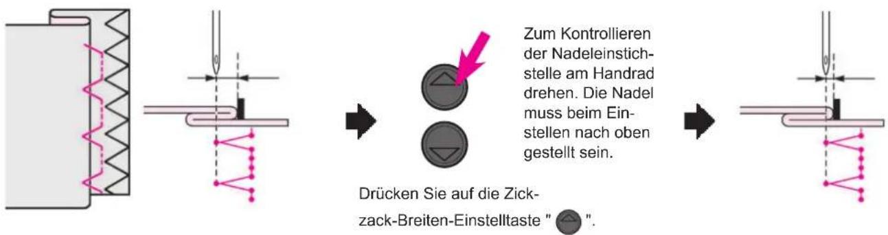 Zum Kontrollieren der Nadeleinstichstelle am Handrad drehen. Die Nadel muss beim Einstellen nach oben gestellt sein. Drücken Sie auf die Zick-zack-Breiten-Einstelltaste " .".