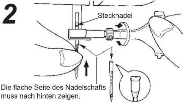2 Stecknadel Die flache Seite des Nadelschafts muss nach hinten zeigen.