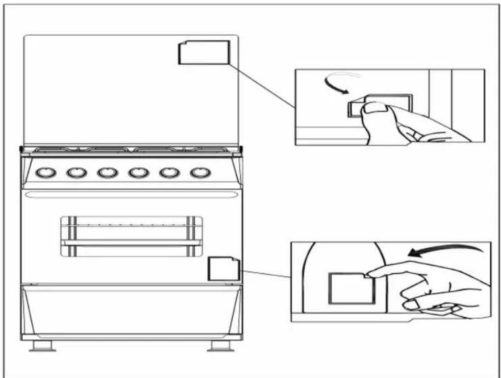 Technical diagram showing a refrigerator interior with labeled components and hand gestures indicating rotation or adjustment.