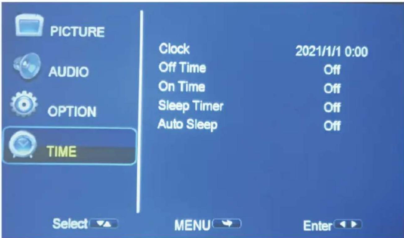 PICTURE AUDIO OPTION TIME Clock 2021/1/1 0:00 Off Time Off On Time Off Sleep Timer Off Auto Sleep Off Select MENU Enter