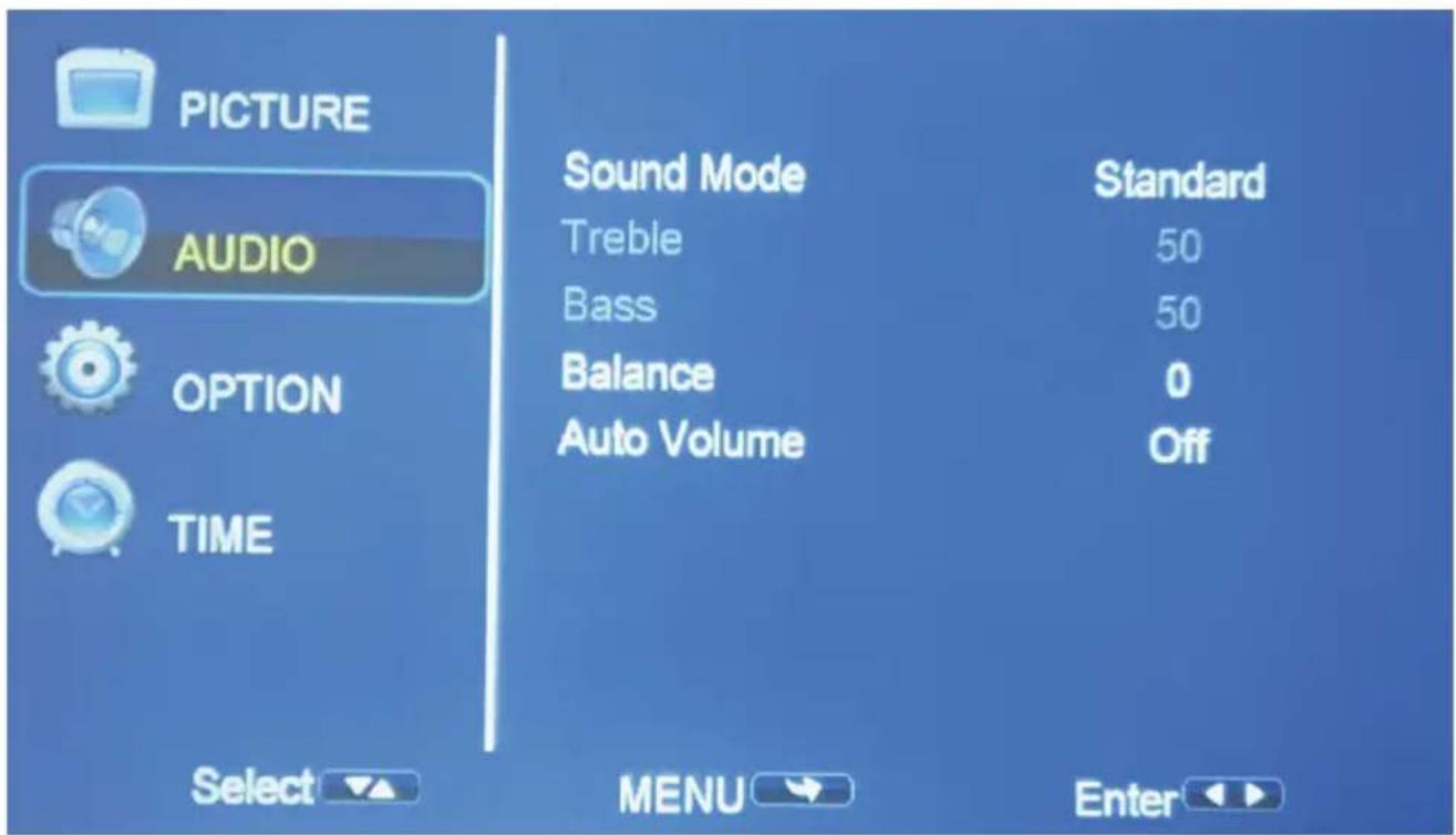 PICTURE AUDIO OPTION TIME Sound Mode Standard Treble 50 Bass 50 Balance 0 Auto Volume Off Select MENU Enter