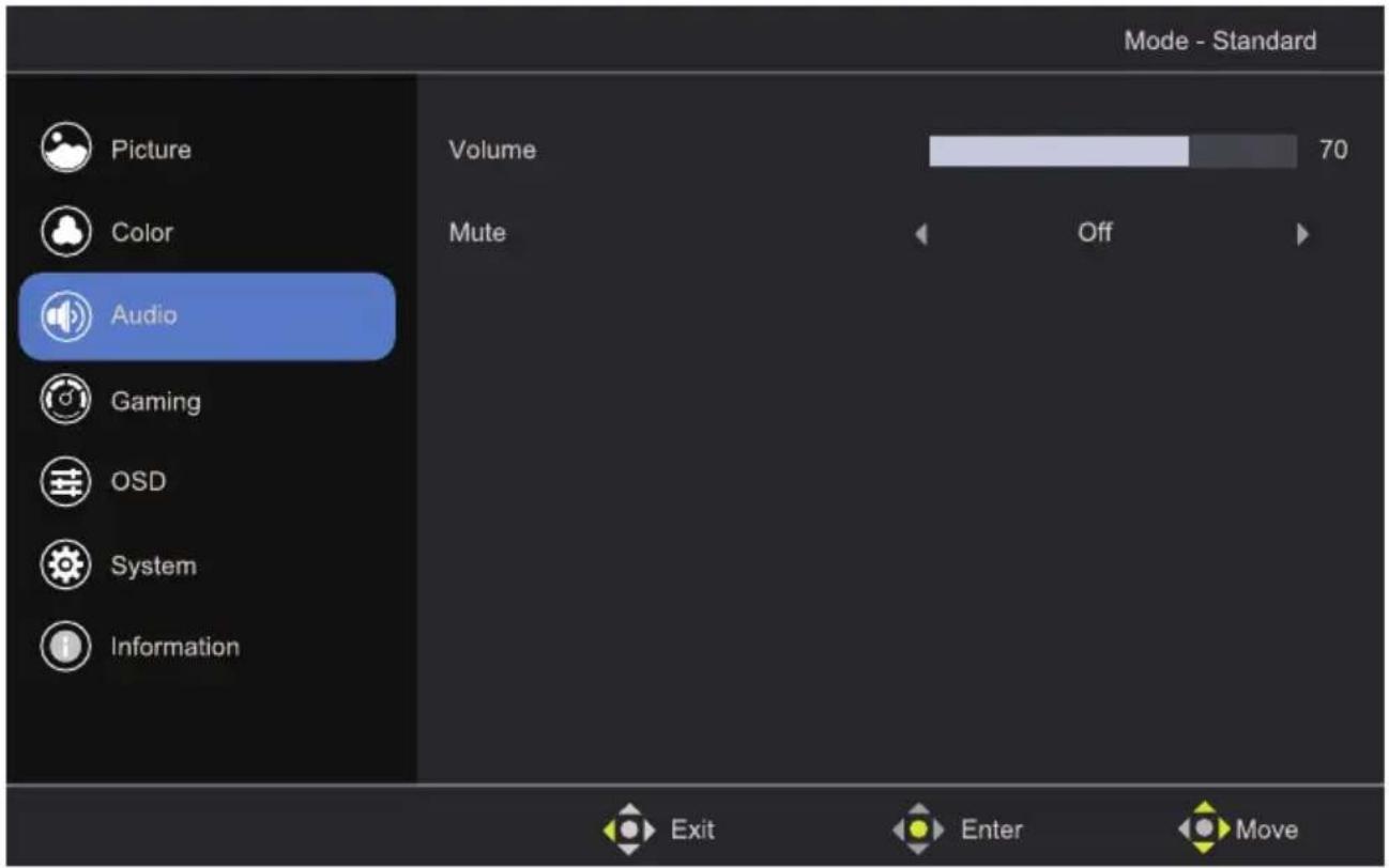 Mode - Standard Picture Color Audio Gaming OSD System Information Volume 70 Mute Off Exit Enter Move