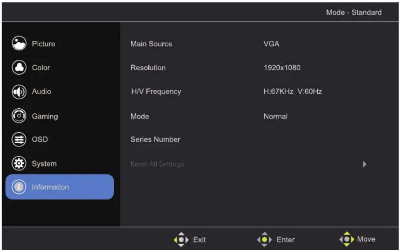 Mode - Standard Picture Color Audio Gaming OSD System Information Main Source VGA Resolution 1920x1080 H/V Frequency H:67KHz V:60Hz Mode Normal Series Number Reset All Settings Exit Enter Move