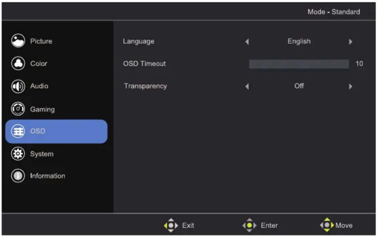 Mode - Standard Picture Color Audio Gaming OSD System Information Language OSD Timeout Transparency English 10 Off Exit Enter Move