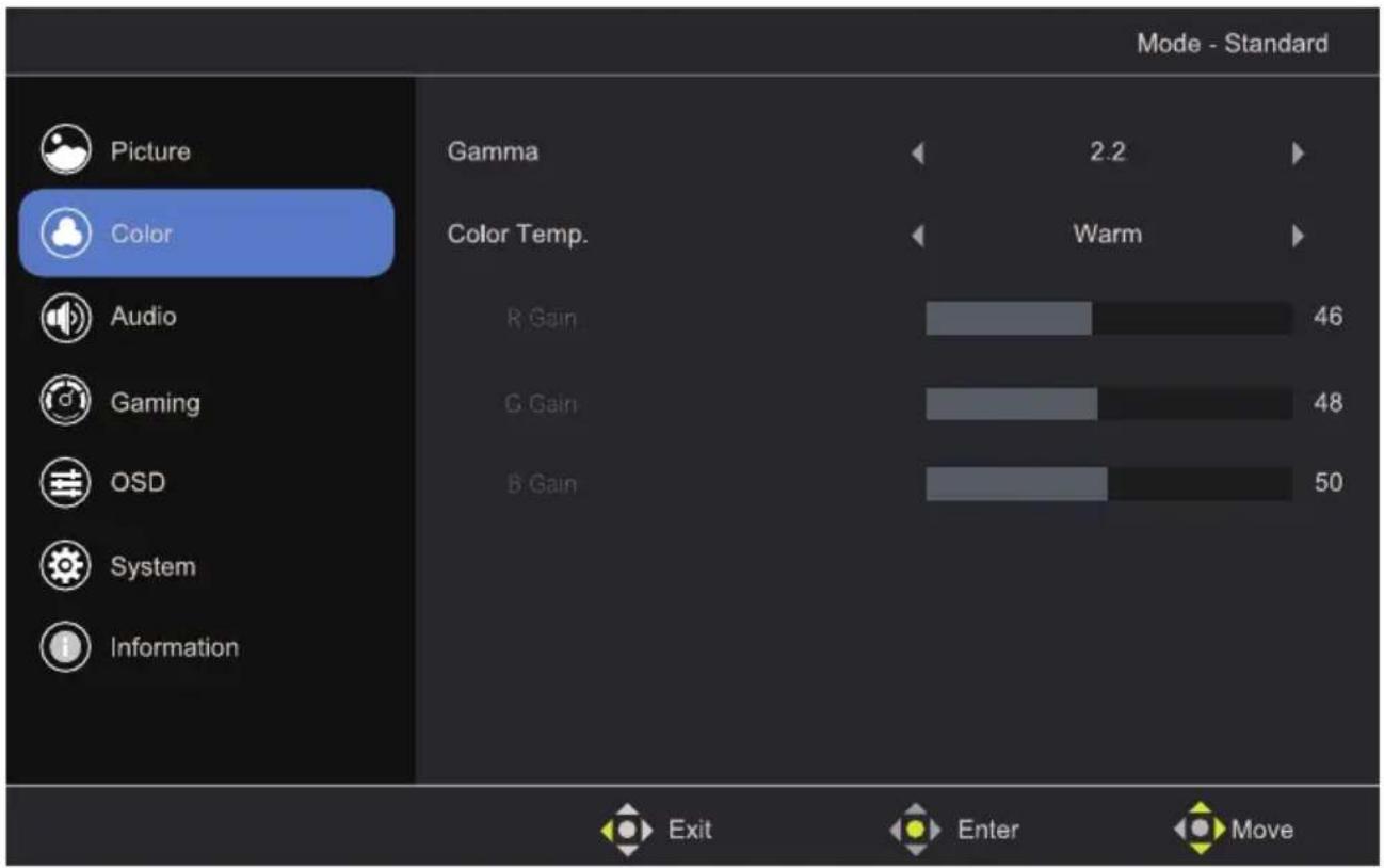 Mode - Standard Picture Color Audio Gaming OSD System Information Gamma 2.2 Color Temp. Warm R Gain 46 C Gain 48 B Gain 50 Exit Enter Move