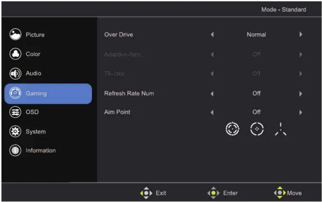 Mode - Standard Picture Color Audio Gaming Over Drive Adaptive-Sync TR-1ms Refresh Rate Num Aim Point Normal Off Off Off Exit Enter Move