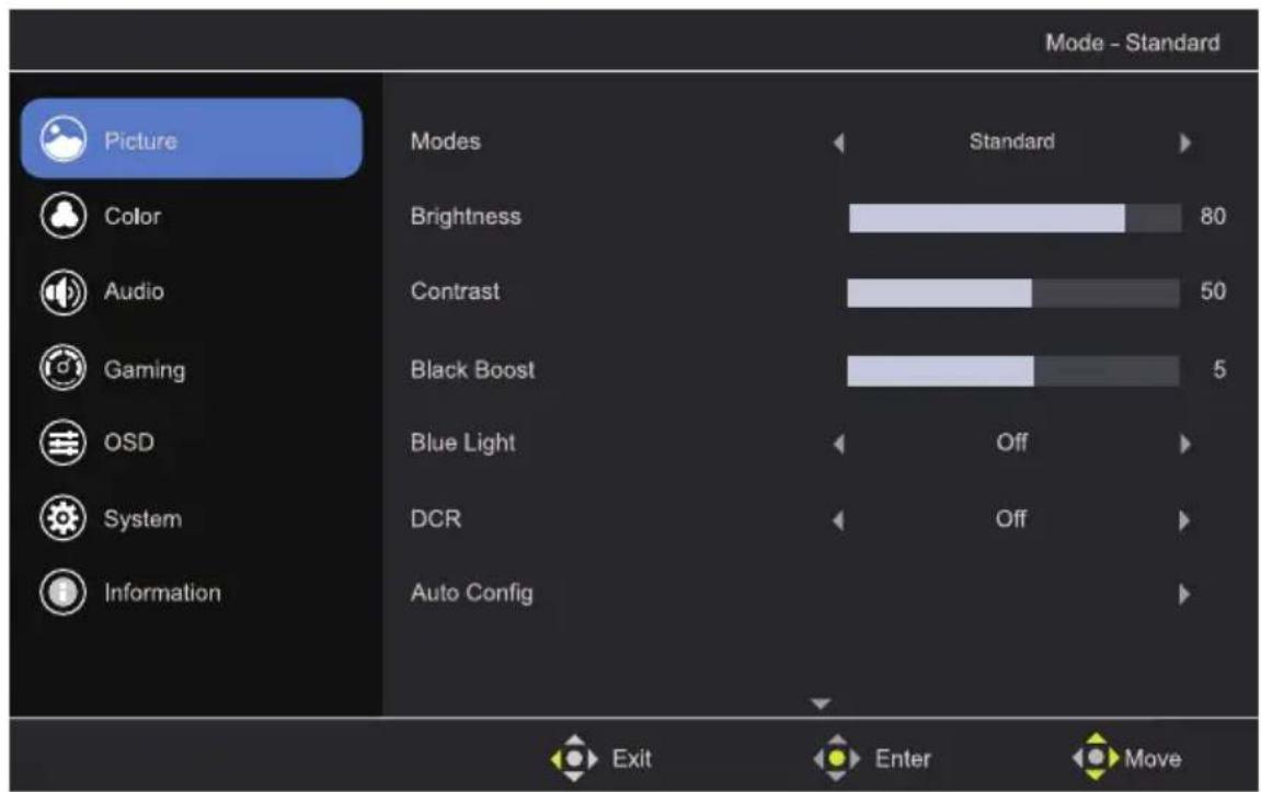 Picture Color Audio Gaming OSD System Information Modes Brightness 80 Contrast 50 Black Boost 5 Blue Light Off DCR Off Auto Config Exit Enter Move Mode - Standard