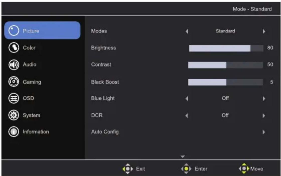 Picture Color Audio Gaming OSD System Information Modes Brightness Contrast Black Boost Blue Light DCR Auto Config Standard 80 50 5 Off Off Exit Enter Move