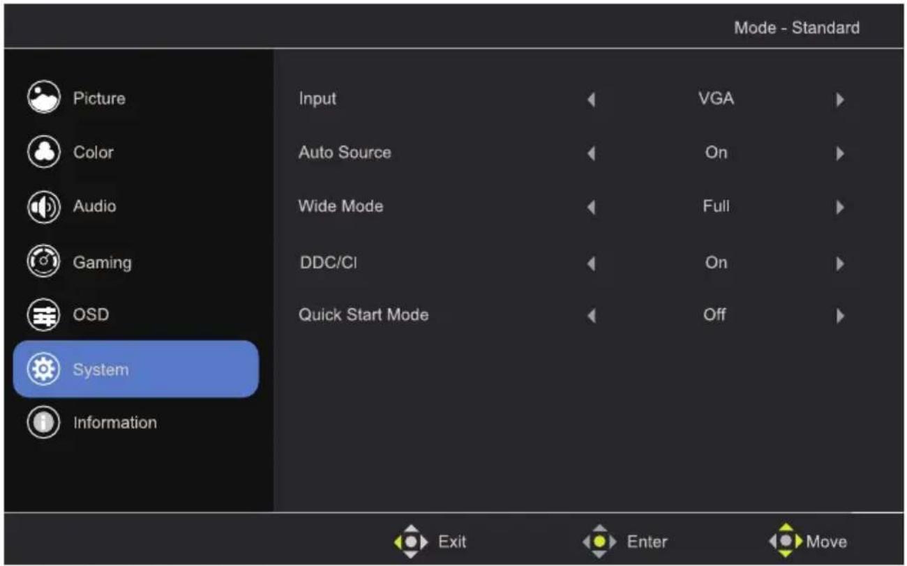 Mode - Standard Picture Color Audio Gaming OSD System Information Input Auto Source Wide Mode DDC/CI Quick Start Mode VGA On Full On Off Exit Enter Move