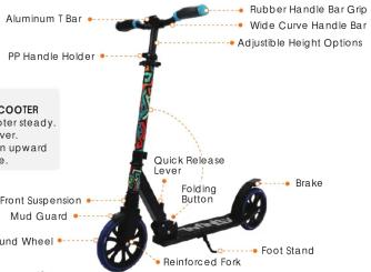 Rubber Handle Bar Grip Wide Curve Handle Bar Adjustable Height Options PP Handle Holder Aluminum T Bar COOTER under steady. over. upward. Front Suspension Mud Guard and Wheel Quick Release Lever Folding Button Brake Reinforced Fork Foot Stand