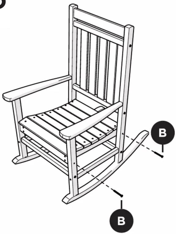 Technical diagram of a wooden rocking chair with labeled parts B and a side view indicator.