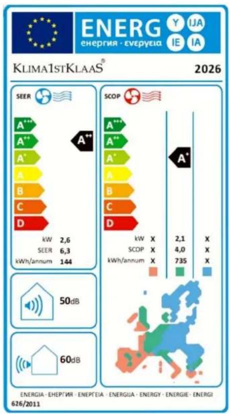 KLIMA1STKLAAS® 2026 | Category | SEER (kW) | SEER (kWh/annum) | SCOP (kWh) | SCOP (kWh/annum) | Value | |---|---|---|---|---|---| | SEER | 2,6 | 144 | 2,1 | 735 | X | | SCOP | 6,3 | | 4,0 | | X | | Other Devices: 50dB and 60dB ENERGIA - EHEPTIR - ENEPTEIA - ENERGUA - ENERGY - ENERGIE - ENERGI 626/20…