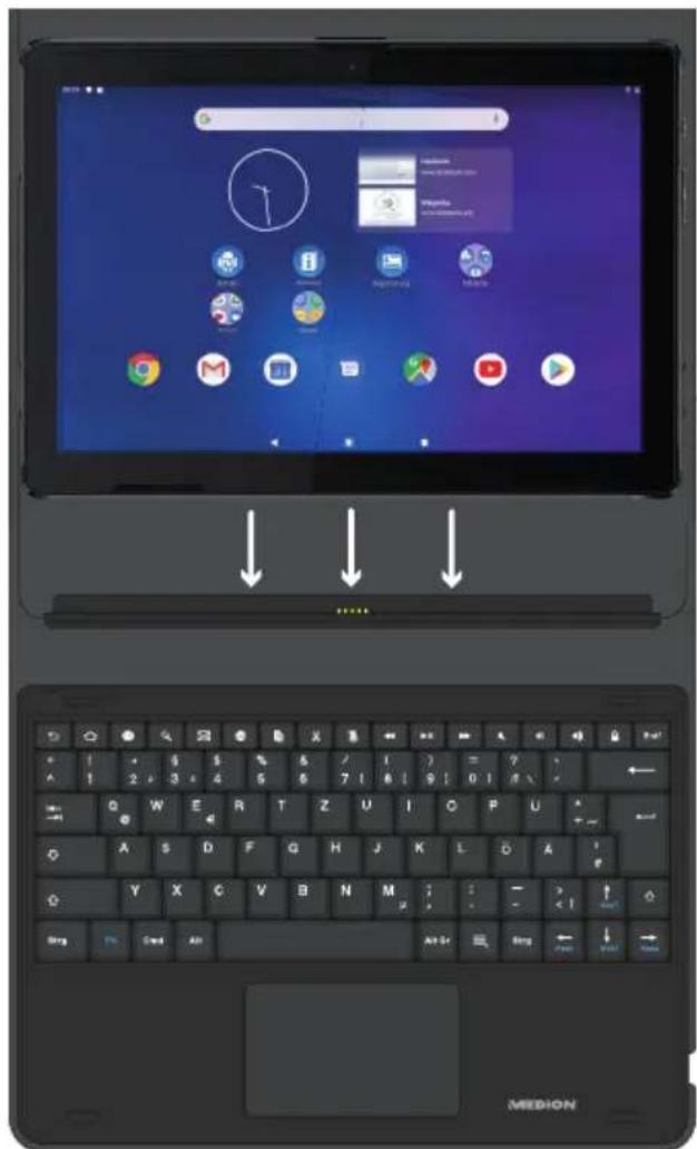 Laptop screen displaying app icons and keyboard layout, with Chinese UI labels and navigation arrows