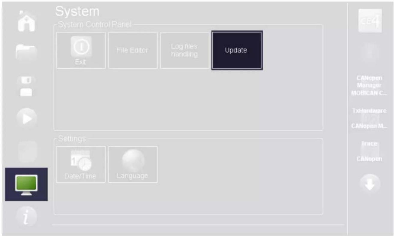 System System Control Panel Exit File Editor Log files handling Update CANopen Manager MOBICAN C... TxHardware CANopen M... Trace CANopen Settings Date/Time Language