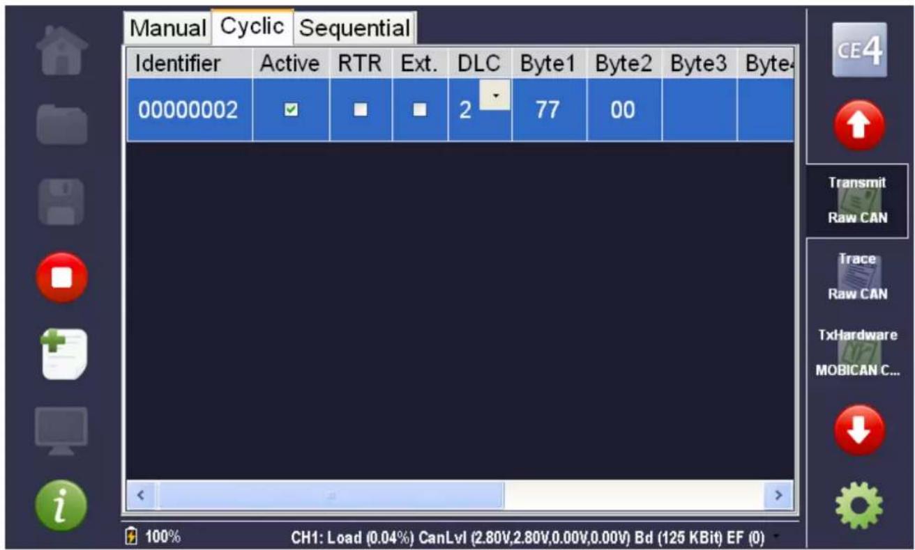 Manual Cyclic Sequential Identifier Active RTR Ext. DLC Byte1 Byte2 Byte3 Byte4 00000002 ✓ ■ 2 77 00 CE4 Transmit Raw CAN Trace Raw CAN TxHardware MOBICAN C... 100% CH1: Load (0.04%) CanLvl (2.80V,2.80V,0.00V,0.00V) Bd (125 KBit) EF (0)