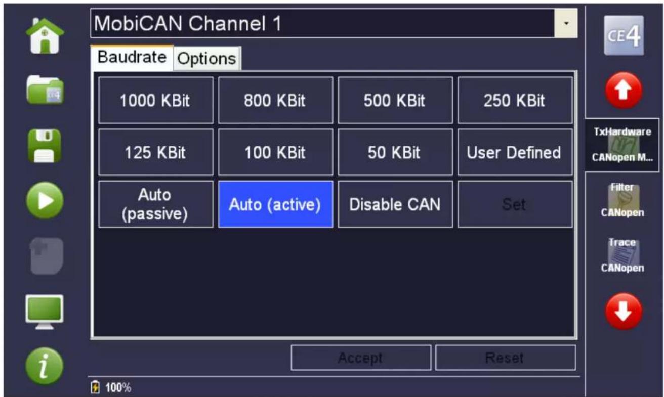 MobiCAN Channel 1 Baudrate Options 1000 KBit 800 KBit 500 KBit 250 KBit 125 KBit 100 KBit 50 KBit User Defined Auto (passive) Auto (active)Disable CAN Set Accept Reset CE4 TxHardware CANopen M... Filter CANopen Trace CANopen 100%