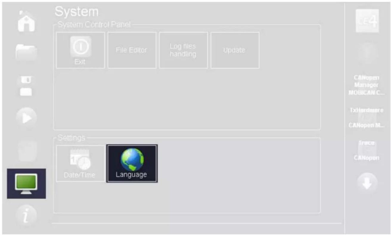 System System Control Panel Exit File Editor Log files handling Update CANopen Manager MOBICAN C... TxHardware CANopen M... Trace CANopen Settings Date/Time Language