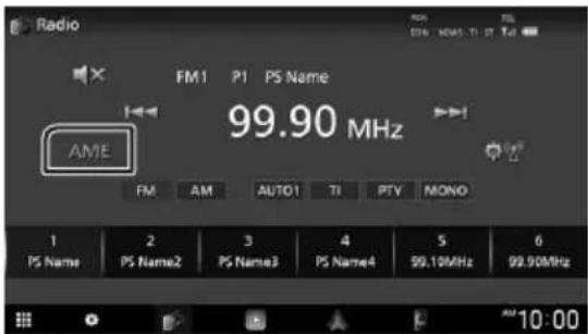 Radio FM1 P1 PS Name 99.90 MHz AME FM AM AUTO1 TI PTV MONO 1 PS Name 2 PS Name3 4 PS Name4 5 6 99.10MHz 99.90MHz 10:00