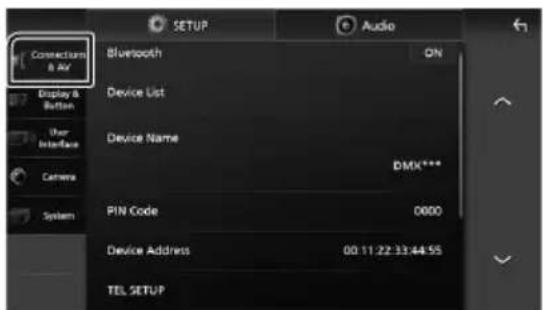 Connection & AV Display & Button User Interface Camera System SETUP Audio Bluetooth ON Device List Device Name DMX*** PIN Code 0600 Device Address 00:11:22 33:44:55 TEL SETUP