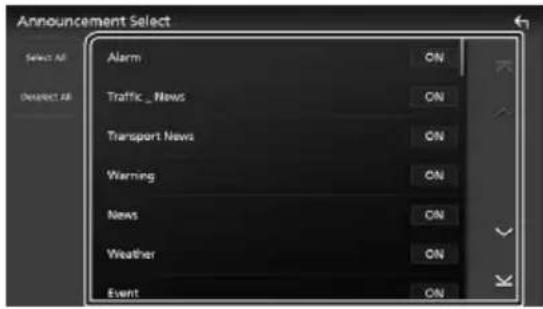 Announcement Select Select All Select All Alarm ON Traffic_News ON Transport News ON Warning ON News ON Weather ON Event ON