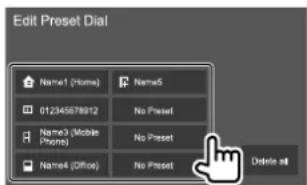 Edit Preset Dial Name1 (Home) Name5 012345678912 No Preset Name3 (Mobile Phone) No Preset Name4 (Office) No Preset Delete all