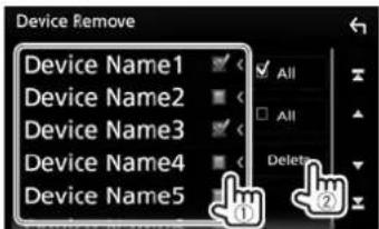 Device Remove Device Name1 Device Name2 Device Name3 Device Name4 Device Name5 All All Delete ① ②