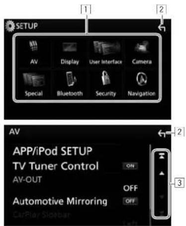 SETUP AV Display User Interface Camera Special Bluetooth Security Navigation AV APP/iPod SETUP TV Tuner Control ON AV-OUT OFF Automotive Mirroring OFF CarPlay Slobebar