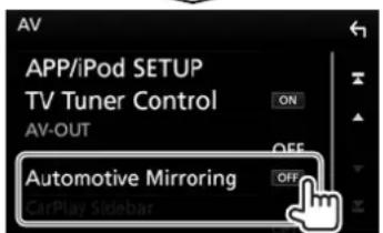 AV APP/iPod SETUP TV Tuner Control ON AV-OUT OFF Automotive Mirroring OFF CarPlay Sidebar