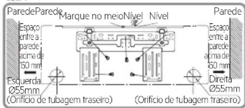 ParedeParede Espaço entre a parede acima de 150 mm Esquerda Ø55mm (Orificio de tubagem traseiro) Marque no meioNivel Nivel Parede Espaço entre a parede acima de 50 mm Direta Ø55mm (Orificio de tubagem traseiro)
