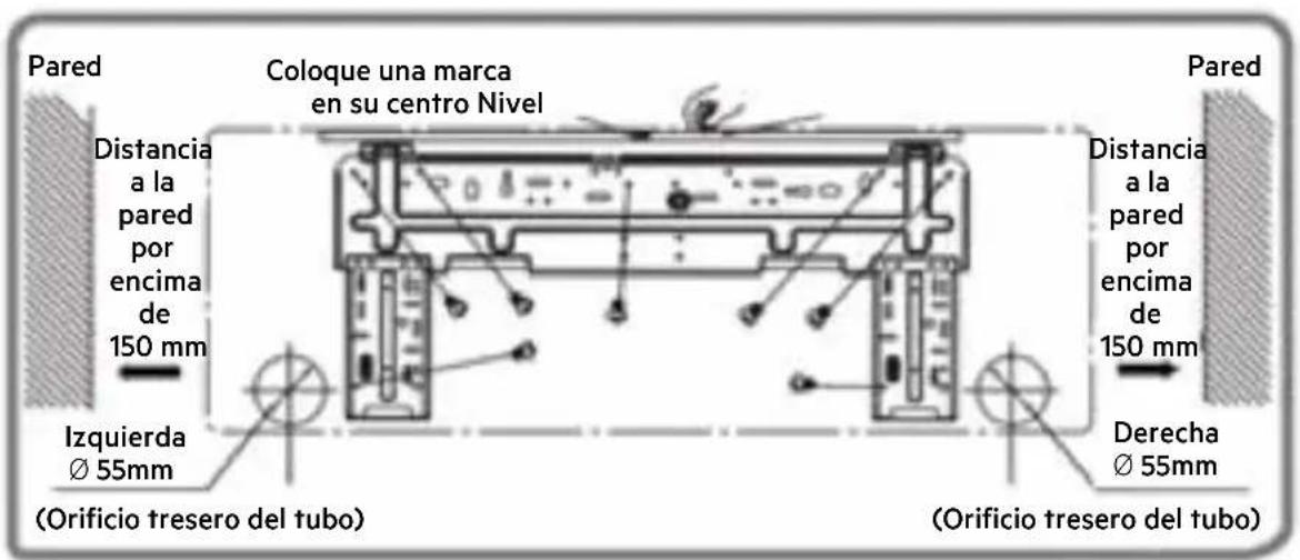 Pared Coloque una marca en su centro Nivel Pared Distancia a la pared por encima de 150 mm Distancia a la pared por encima de 150 mm Izquierda Ø 55mm (Derecha Ø 55mm) (Orificio tresero del tubo) (Orificio tresero del tubo)