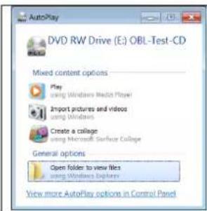 AutoPlay DVD RW Drive (E:) OBL-Test-CD Mixed content options Play using Windows Media Player Import pictures and videos using Windows Create a collage using Microsoft Surface College General options Open folder to view files using Windows Explorer View more AutoPlay options in Control Panel