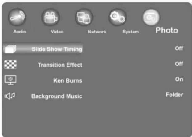 Audio Video Network System Photo Slide Show Timing Off Transition Effect Off Ken Burns On Background Music Folder