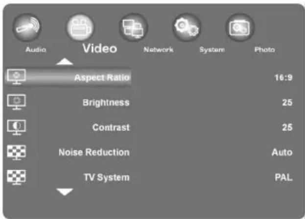 Audio Video Network System Photo Aspect Ratio 16:9 Brightness 25 Contrast 25 Noise Reduction Auto TV System PAL