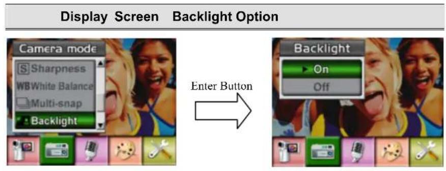 Display Screen Backlight Option Camera mode Sharpness WB White Balance Multi-snap Backlight Enter Button Backlight On Off