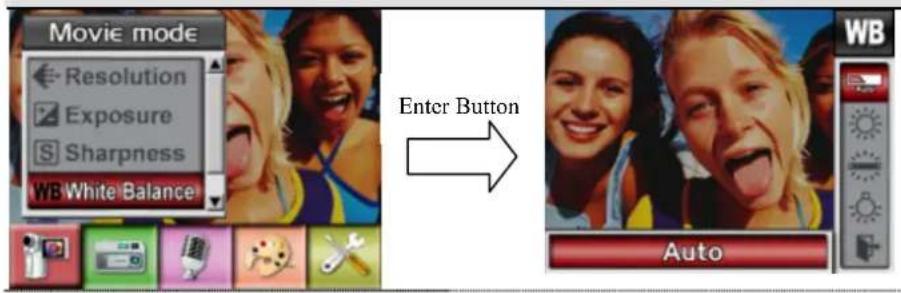Movie mode Resolution Exposure Sharpness WB White Balance Enter Button Auto