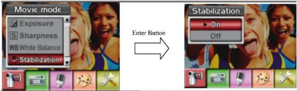 Movie mode Exposure Sharpness WB White Balance Stabilization Enter Button Stabilization On Off