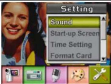 Setting Sound Start-up Screen Time Setting Format Card