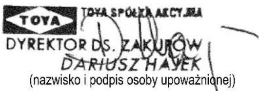 TOYA TOYA SPÓŁKA AKCYJRA DYREKTORDS. ZAKUROW DARIUSZ HAYEK (nazwisko i podpis osoby upoważnionej)