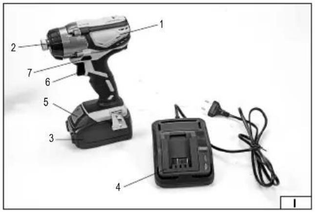Labeled diagram of a power tool with numbered parts including drill, battery pack, and cable
