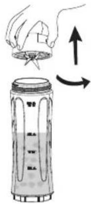 Diagram showing a hand holding a lid above a cylindrical container with liquid, indicating fluid flow or movement.