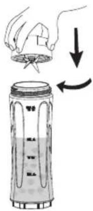 Diagram showing a hand holding a container with liquid, followed by a curved arrow indicating rotation or change.